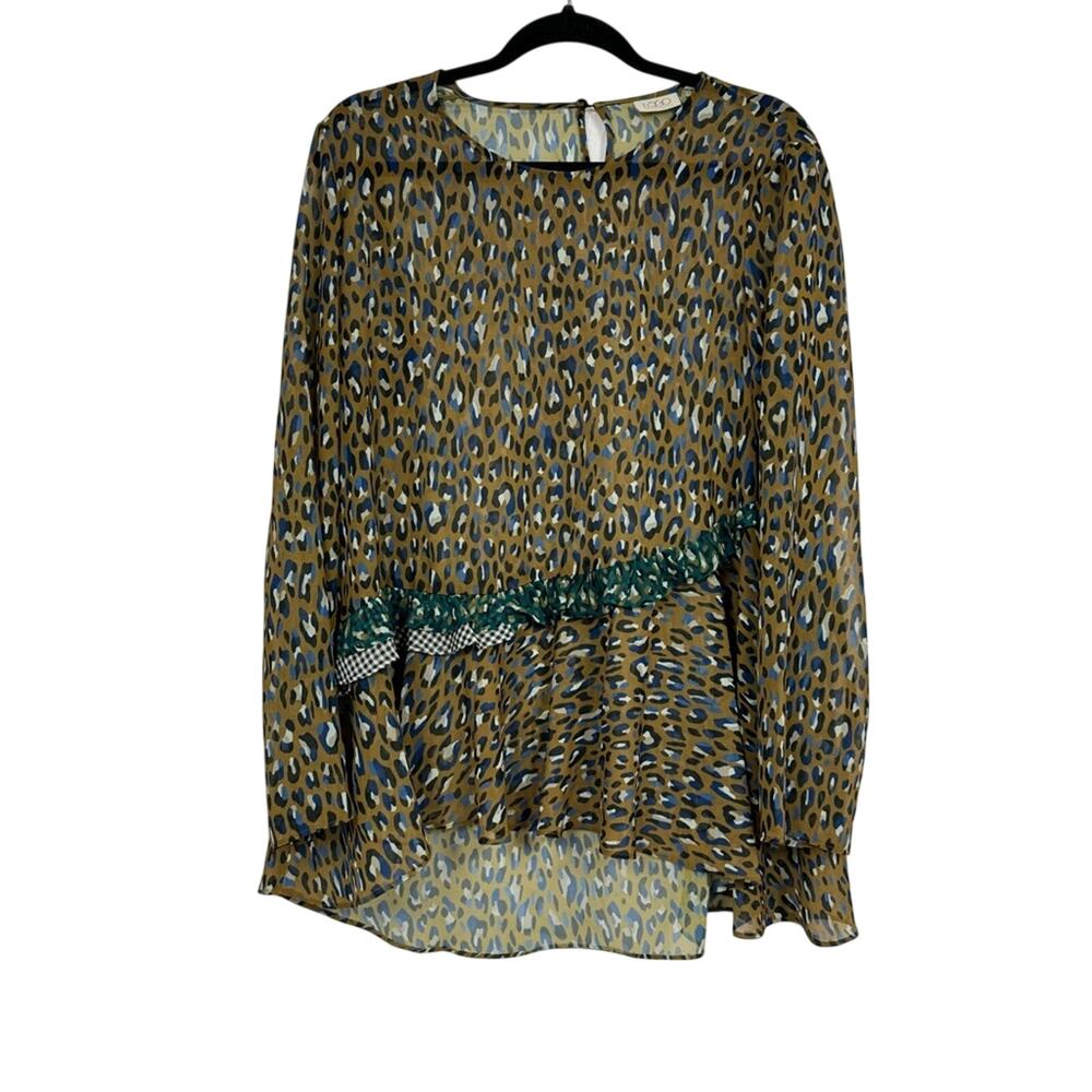 Logo Lori Goldstein Green Animal Print Sheer Tiered Blouse Womens S Lightweight